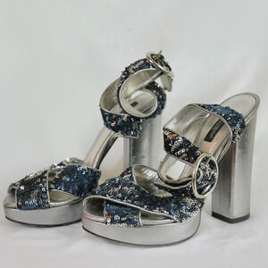 Dolce  & Gabbana Metallic Silver and Blue Sequin Wedge Chunky Heels